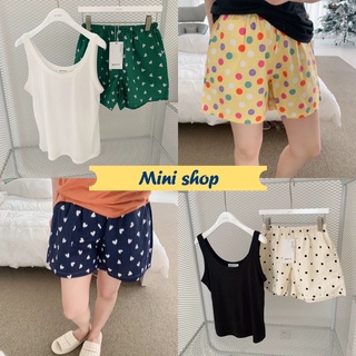 Mini shop🌸พร้อมส่ง🌸 (DX-SetSY-07)​ ชุดนอน เสื้อกล้ามสีพื้น+กางเกงขาสั้นลายจุดน่ารักๆ