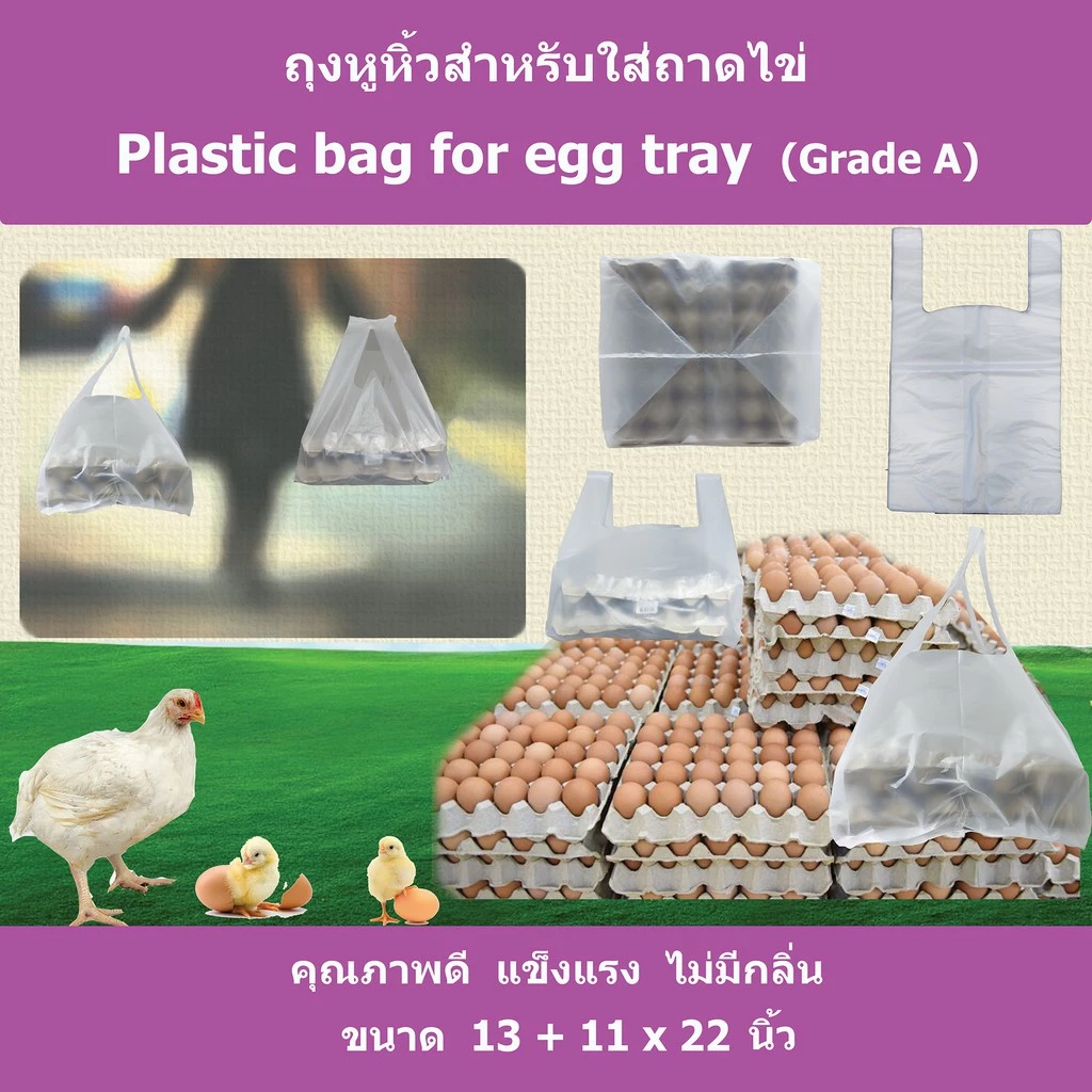 ถุงหูหิ้ว สำหรับใส่แผงไข่ (Plastic bag for egg tray) เกรดA (3S-ONLINE13X22)
