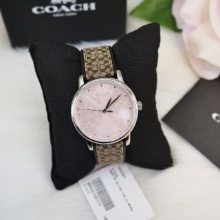 🎀 (สด-ผ่อน) ส่งฟรี นาฬิกาสายหนัง สีนำ้ตาล หน้าปัด สีชมพู ขนาด #34มิล #14503404 Coach Women’s Grand Papa Mujer Signature