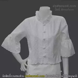 เสื้อลูกไม้เนื้อดี คอระบาย แขนสามส่วนระบาย สีขาว เนื้อผ้าคุณภาพ cotton แท้ 100%
