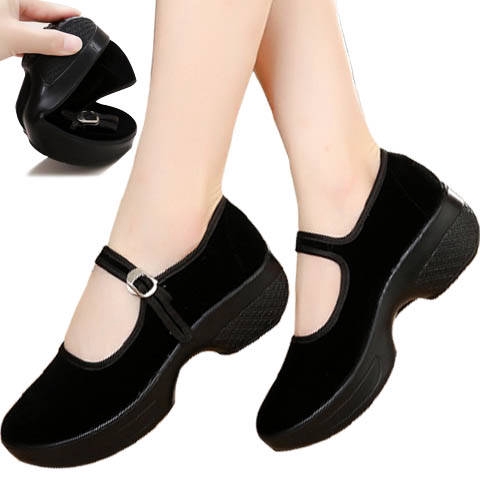 Kasut Wanita Ladies Women Working Casual Canvas Black Wedge Shoes Platform Shoes