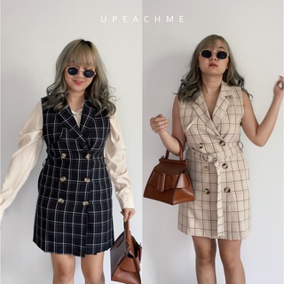 Blazer dress ชุดเดรสเบลเซอร์ เสื้อคลุมเบลเซอร์ลายตาราง ชุดเดรสแขนกุดสไตล์เกาหลี เบลเซอร์แขนกุด แถมเข็มขัด