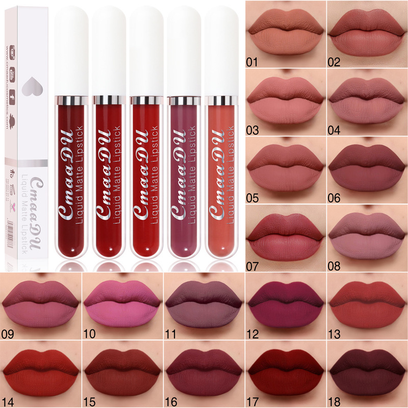 CmaaDu / 18 สีนู้ด Matte Velvet ลิปกลอส / ลิปทินท์ติดทนกันน้ำเนื้อบางเบาเกลี่ยง่าย / ลิปทินท์  ลิปกลอสให้ความชุ่มชื้น / ปากกาลิปสติกสีนู้ดติดทนนาน / เครื่องสำอางสำหรับทาปาก