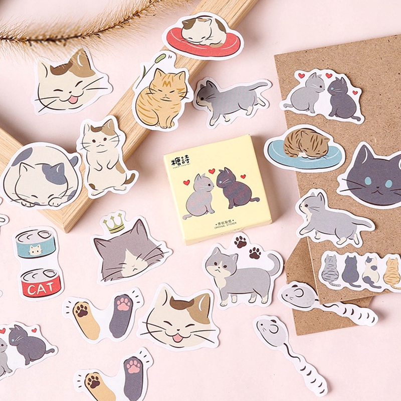 สติกเกอร์กระดาษ ลายแมวน่ารัก สำหรับตกแต่งสมุด,งานฝีมือ DIY 45 ชิ้น / กล่อง