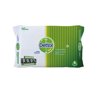 Dettol เดทตอล แอนตี้แบคทีเรีย ห่อสีเขียว ผ้าเช็ดทำความสะอาดผิวแบบเปียก 50 แผ่น ( 1ห่อ )