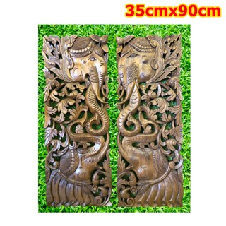 2ชิ้น แผ่นไม้ แกะสลัก ไม้สัก ช้างคู่ สำหรับตกแต่งผนัง ติดผนัง Handmade Wood Carving Wall Hanging