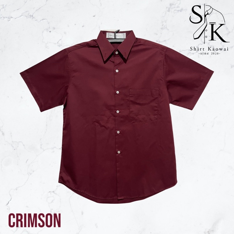 เสื้อเชิ้ตแขนสั้น ผู้ชาย คอปกมีกระดุม ทรงตรง สีเลือดหมู (Crimson) ผ้าคอมพ์ทวิว(Comb Twill) คนอ้วน ตัวใหญ่มีไซส์ (M-6XL)