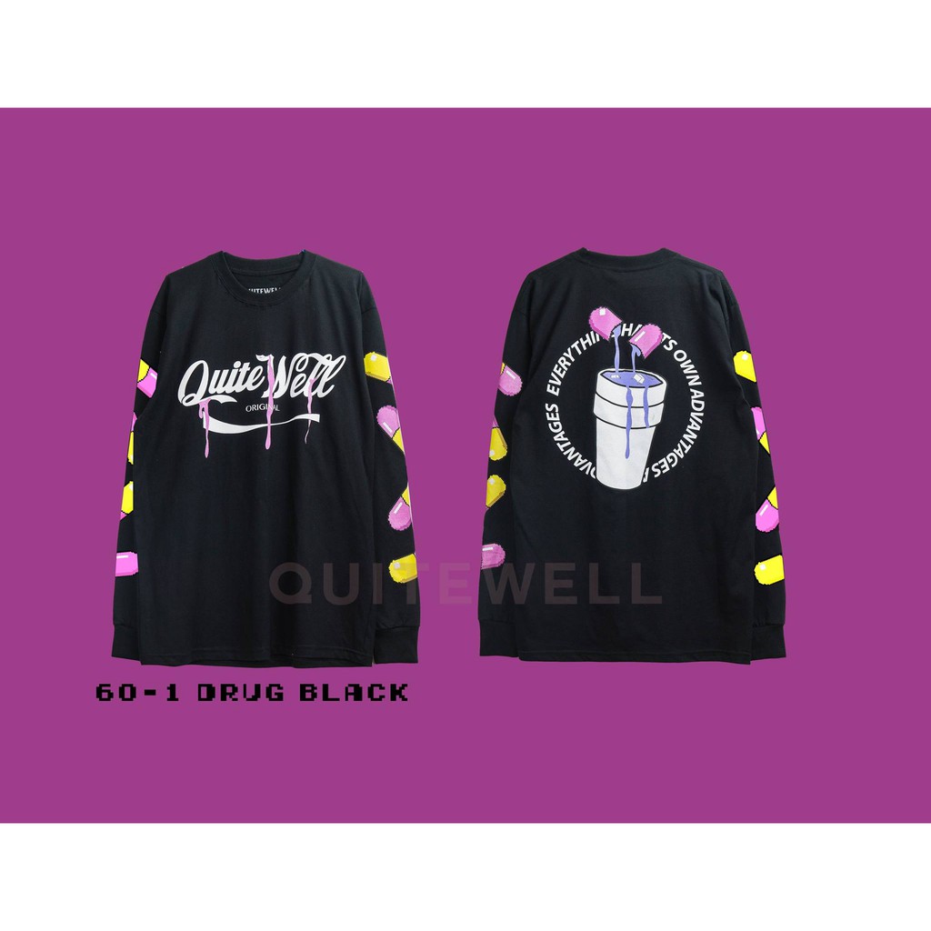 QUITEWELL เสื้อยืดแขนยาว 60-1 DRUG BLACK เสื้อผู้ชาย Oversize สกรีนลาย สีดำ วินเทจ