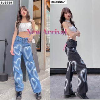 Back Up Jeans BU​ 6959 กางเกงยีนส์ผ้าด้านฟอกสีทรงกระบอกใหญ่ลายหัวใจ