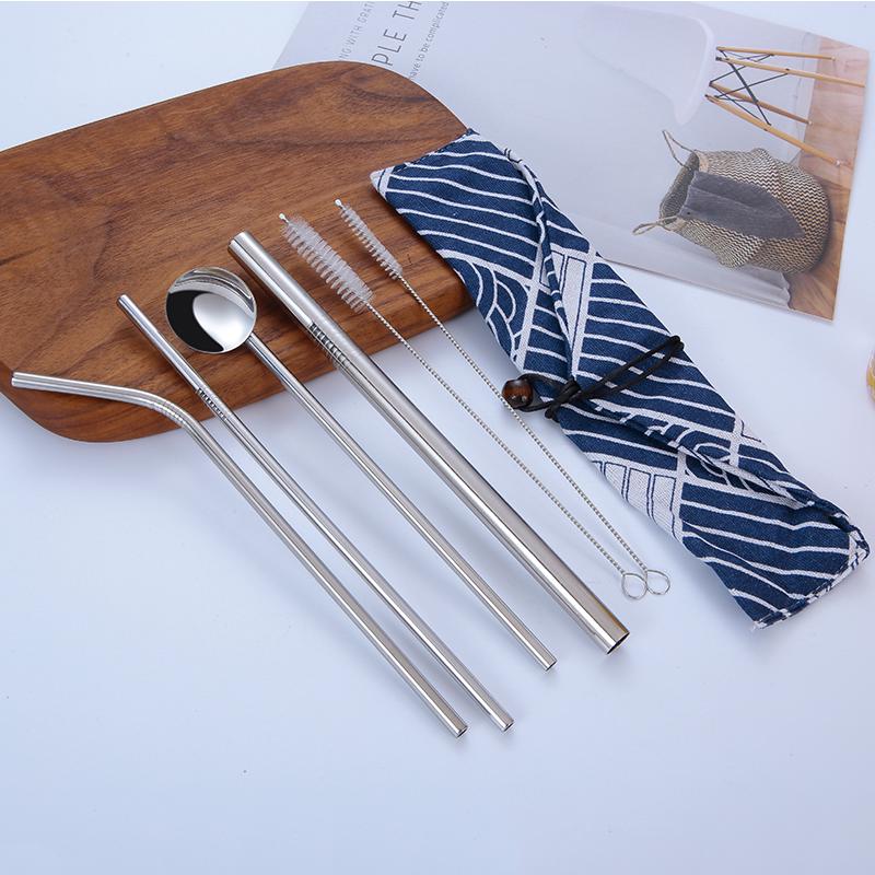 7X Drinking Metal Stainless Steel Spoon Straw Straws Scratchproof Pouch Set Straw