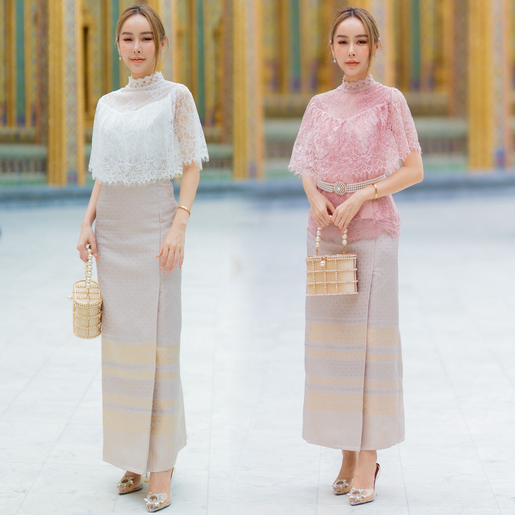 Dressyhappy ชุดไปงาน ชุดออกงาน ชุดทำบุญ ชุดไทยประยุกต์ + กระโปรงผ้าทอ เสื้อลูกไม้เนื้อนุ่มใช้ผ้าลูกไ