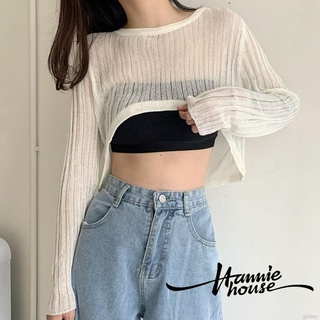 Hannie-Women Solid Color Long Sleeve Round Neck Cutout Sheer Knitted Cropped Tops