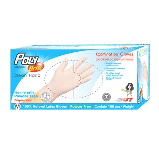 Poly-Brite โพลี-ไบรท์ ถุงมือแพทย์ ไม่มีแป้ง ยางธรรมชาติ (100 ชิ้น/กล่อง) ไม่ระคายเคือง ยืดหยุ่น