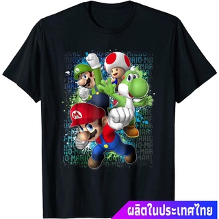 แขนสั้นcrew neckนินเทนโด ซูเปอร์มาริโอ เกมส์ญี่ปุ่น การ์ตูน  Nintendo Super Mario Luigi Paint Splatter Action T-Shirt te