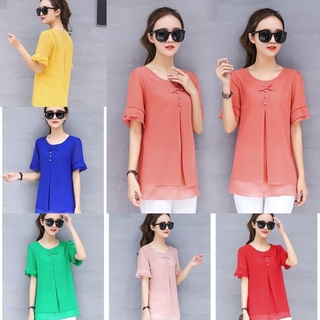 เสื้อเบลาส์ แขนสั้น ผ้าชีฟอง ทรงหลวม สไตล์เกาหลี สําหรับผู้หญิง ไซซ์ S - 4 xl