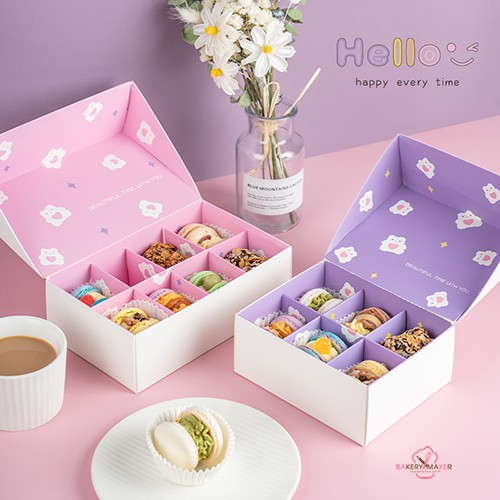 กล่องขนมลายดอกไม้  6,8 ช่อง 5 ใบ สีม่วง/ชมพู กล่องมาการอง Macaron