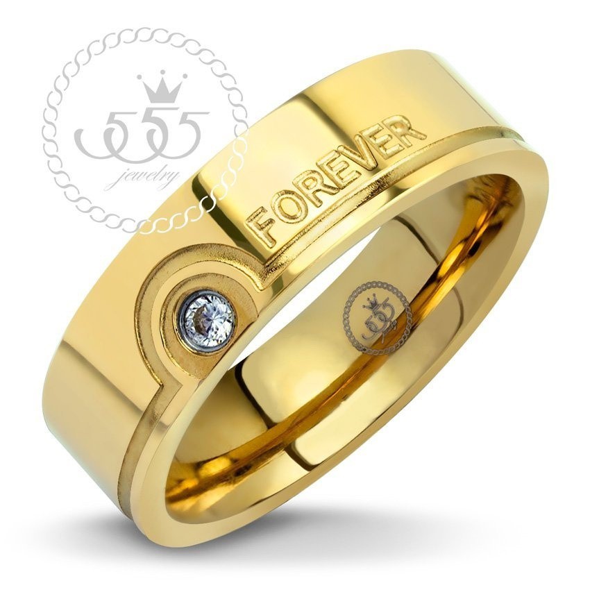 555jewelry แหวนคู่ ดีไซน์เรียบประดับ CZ สลัก Forever สีทอง รุ่น MNR-362T-B - แหวนเรียบ ดีไซน์แบบ uni