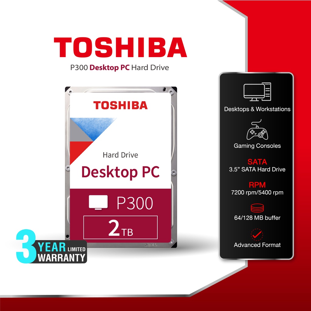 Toshiba PC HDD (2TB) 3.5" SATA 3.5 รุ่น (P300) HDWD220 :5400RPM C/B 128 MB Desktop Internal Harddisk