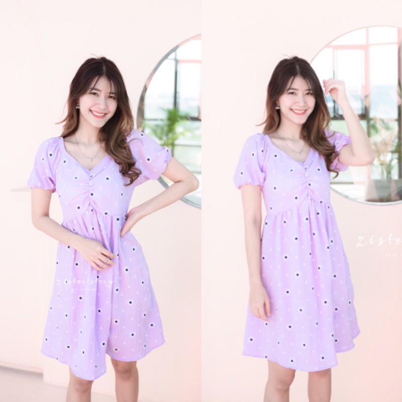 Dolly Daisy Dress มินิเดรสแขนตุ๊กตาย่นอกลายดอกเดซี่ ป้ายzister vintage ผ้าบับเบิ้ล