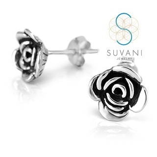 SUVANI 92.5% ต่างหูอกกุหลาบขนาดเล็ก แบบลงดำ ต่างหูปักก้านเงินแท้