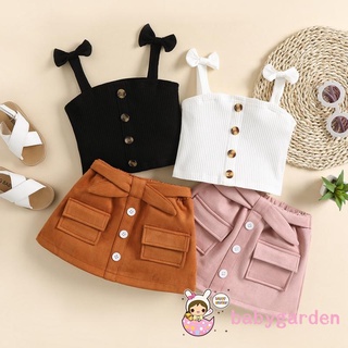 Babygarden-6 เดือน - 4 ปี ชุดเสื้อผ้าเด็กผู้หญิง ฤดูร้อน, สายรัดโบว์ เสื้อกล้ามถัก + กระโปรงเข็มขัด