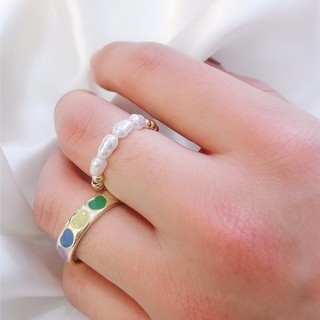 แหวนเซ็ตสีทอง ลายหัวใจสดใส 2pcs faux pearl ring