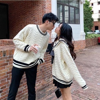 [พร้อมส่ง] เสื้อกันหนาวแขนยาว และกระโปรงพลีท ขนาดใหญ่ แฟชั่นฤดูใบไม้ร่วง และฤดูหนาว สไตล์เกาหลี สําหรับคู่รัก จํานวน 2 ชิ้น