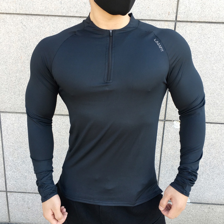 เสื้อยืดแขนยาวผู้ชายยุทธวิธีประสิทธิภาพ Thumb Hole Quick-Dry Tech Top ¼ Zip T-Shirt