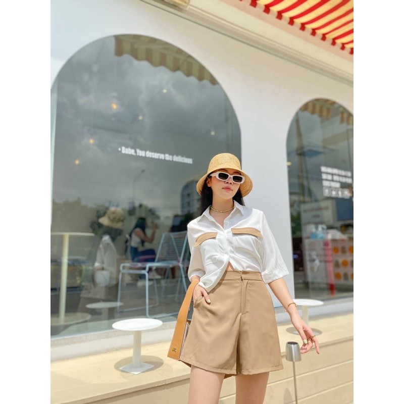 newlooks AKS04  Minimal set เซ็ตเชิ้ตคอปกแขนสั้น เสื้อทรงoversize  ดีเทลแต่งกระเป๋าตัดสี ให้พร้อมกับ