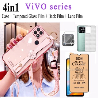 4in1 VIVO Y20 ฟิล์มกระจกนิรภัยเซรามิก สําหรับ VIVO Y15S Y12 Y17 Y19 Y30 Y50 T1 V23 V23E เคสโทรศัพท์ สายรัดข้อมือ พร้อมสายคล้อง ซอฟท์เคส และและฟิล์มเลนส์กล้องคาร์บอน และผิวหนัง