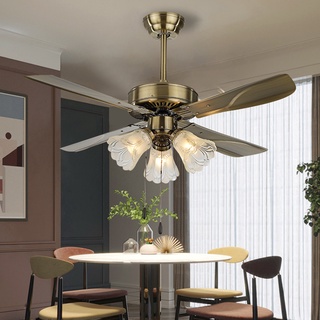 โคมไฟระย้า Ceiling Lights 42 Inches Vintage 5 ใบเหล็ก Blades Bronze Ceiling Fan with 3Glass Shade