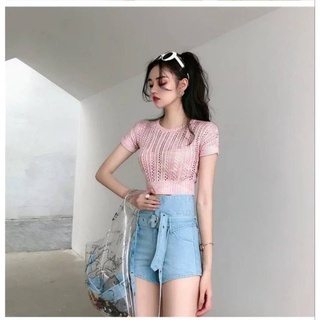 Pastel Knitting Crop Blouse XS S เสื้อครอป เสื้อไหมพรม งานถักอย่างดี สีพาสเทล เสื้อไปทะเล เสื้อตัวสั้น