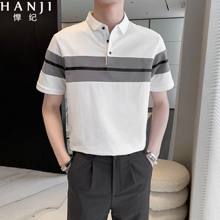 Dเสื้อโปโลผู้ชายลายหลวมครึ่งแขน