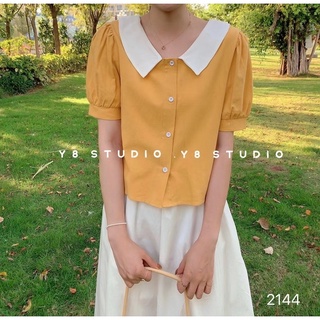 🍃🌼New in 🌼🍃เสื้อคอปกกระดุมหน้า แขนออกแนวตุ๊กตาหน่อยๆ ตรงปกเสื้อแต่งสีขาว น่ารักมาก