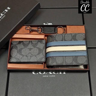 (แท้ 💯%‼ Factory) COACH 3-IN-1 WALLET IN SIGNATURE CANVAS WITH VARSITY STRIPE WITH KEY FOB LIMITED BOX