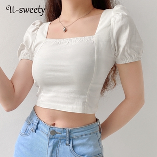 U - Sweety เสื้อครอป แขนสั้น คอสี่เหลี่ยม สีพื้น สําหรับผู้หญิง