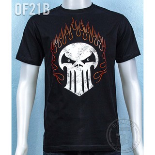 เสื้อยืดคอกลมวินเทจ กระโหลกเปลวไฟร็อค Skull Fire Vintage ( รหัสสินค้า OF 21 )