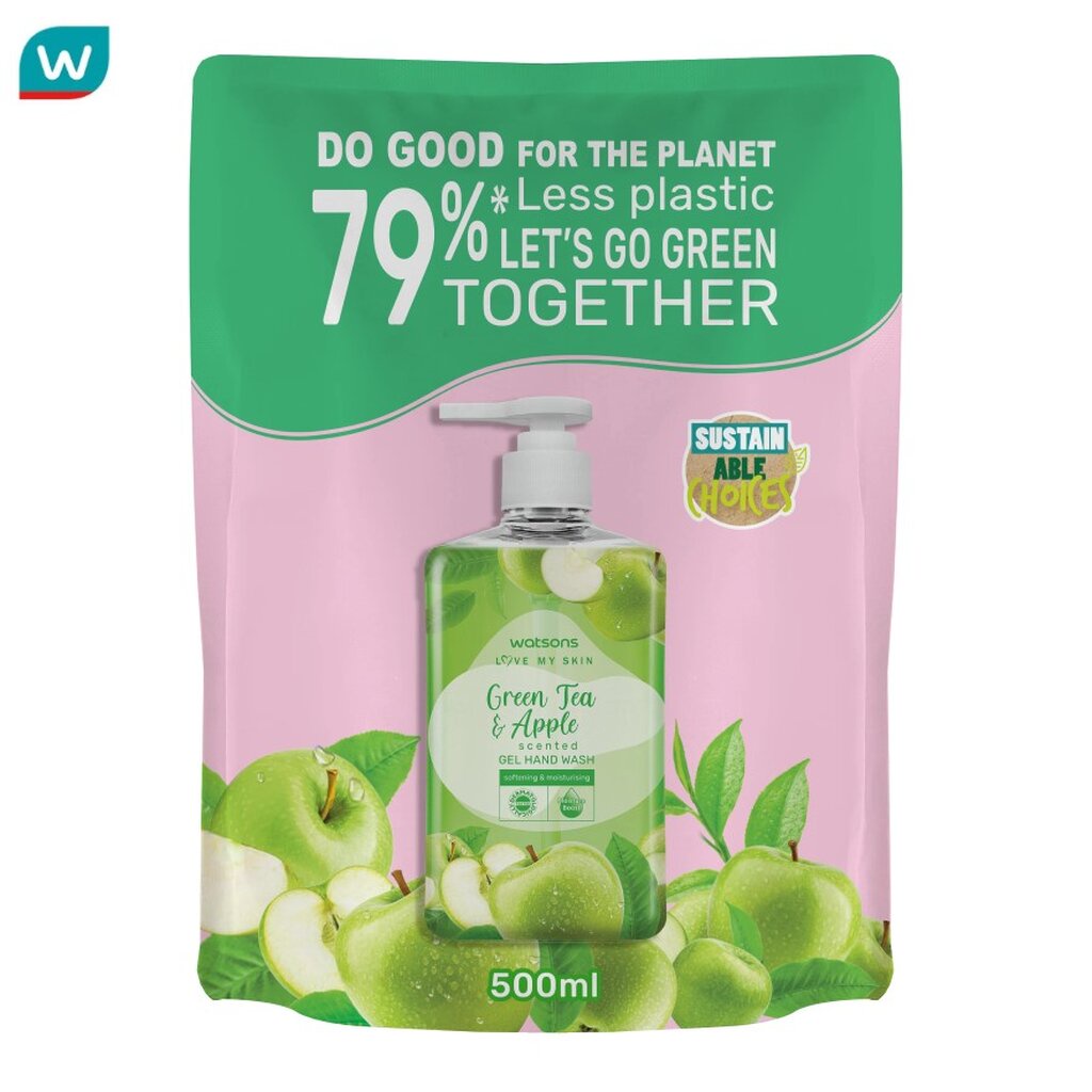 Watsons วัตสัน เลิฟ มาย สกิน กรีนที แอนด์ แอปเปิ้ล เซ็นทิด เจล แฮนด์ วอช 500มล.(รีฟิล)
