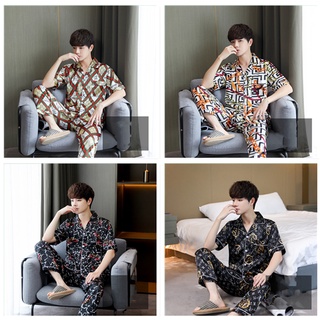 🤑พร้อมส่ง🤑ชุดนอนผู้ชาย เเขนสั้นขายาว ผ้าซาตินสุดหรู  คอปก pajamas men เซ็ทเสื้อ สวมใส่สบาย ผ้าเย็น ผ้านิ่มไม่เเข็ง