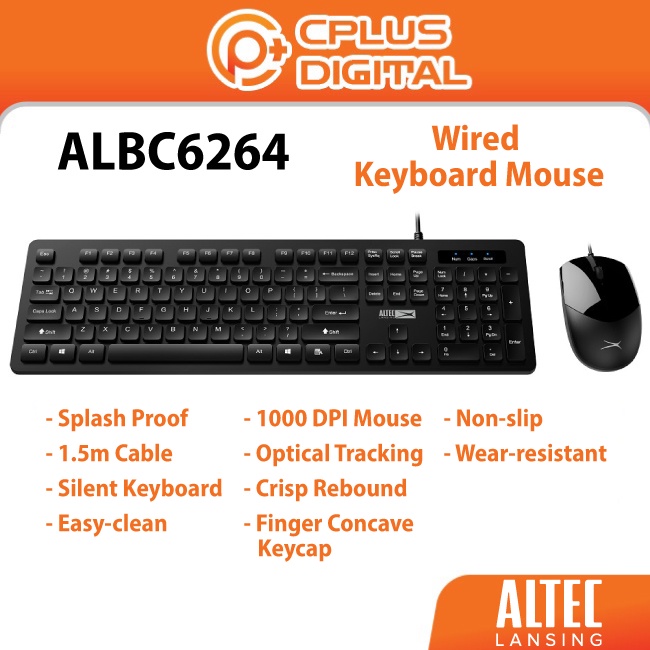 Altec Lansing ALBC6264 คีย์บอร์ดเมาส์ แบบใช้สาย เสียงเงียบ กันน้ํากระเด็น ทําความสะอาดง่าย ALBC 6264