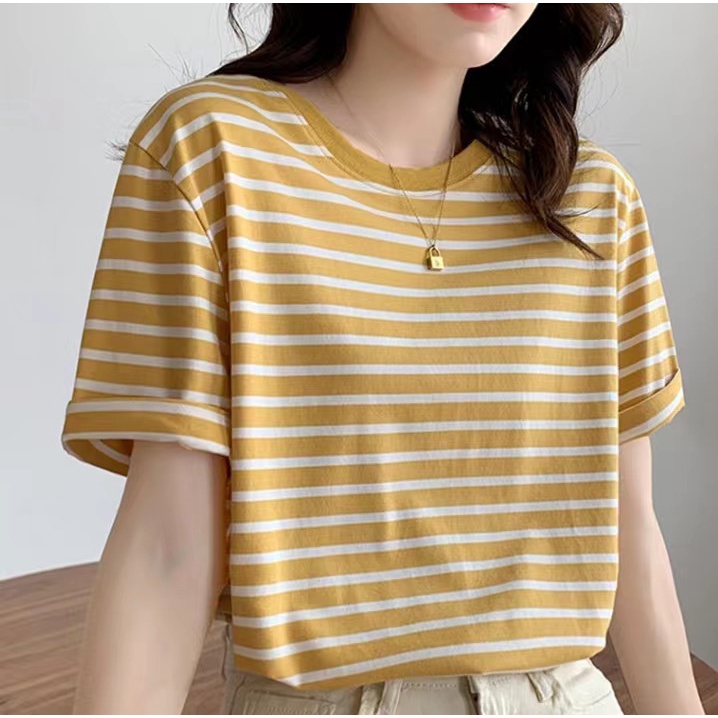 Retro green striped short-sleeved T-shirt women's loose casual thin round neck bottoming shirt top buy one get one free #3