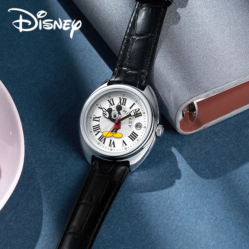ของแท้ Disney นาฬิกาข้อมือควอตซ์แฟชั่น หน้าปัดบอกเวลา ปฏิทิน ลายมิกกี้เมาส์ สไตล์โบราณ สําหรับเด็กผู้หญิง และผู้ชาย