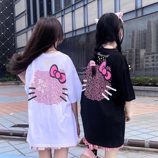 ✿ขนมหวาน สไตล์ญี่ปุ่น✿Kuromi เสื้อแขนสั้น✿เสื้อยืดแขนสั้น พิมพ์ลายแมว ทรงหลวม สีขาว แฟชั่นฤดูร้อน สําหรับผู้หญิง 2022