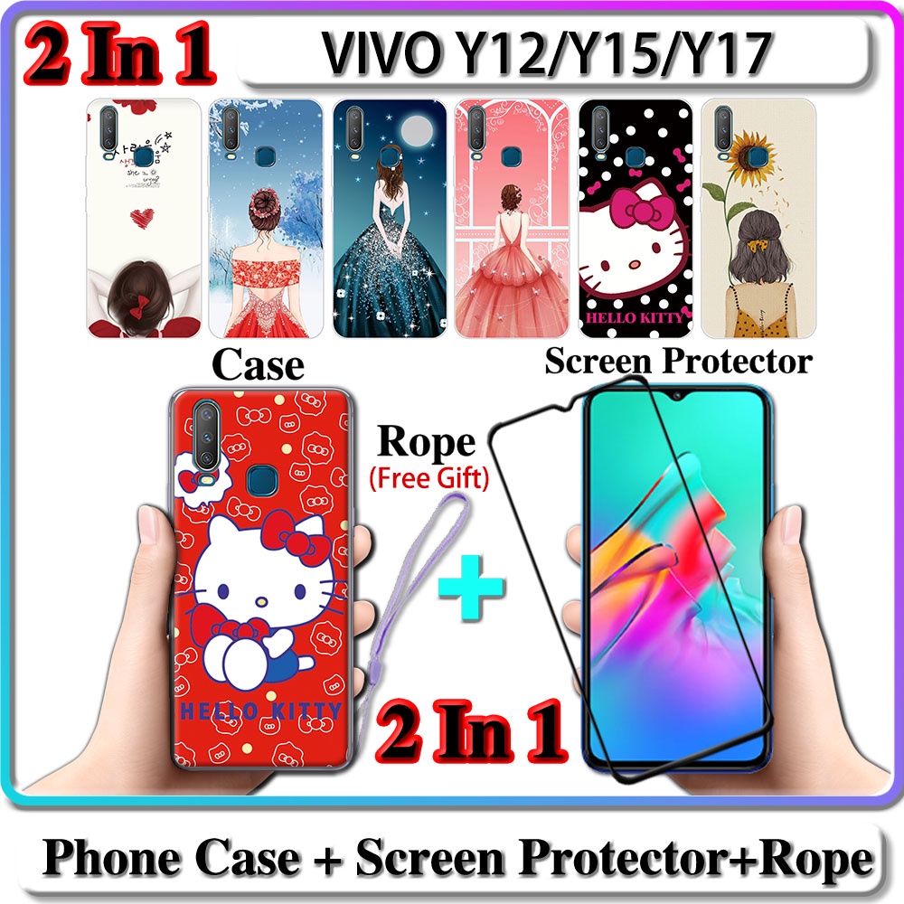 2 IN 1 เคส VIVO Y12 Y15 Y17 เคส พร้อมกระจกนิรภัย โค้ง เซรามิค ป้องกันหน้าจอ สําหรับเด็กผู้หญิง และคิตตี้ – โปรปัง