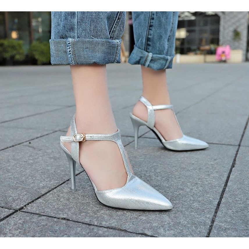 SL757-BLACK และ SILVER-HEELS 9CM-IMPORTED รองเท้าผู้หญิง-ANKLE HEELS