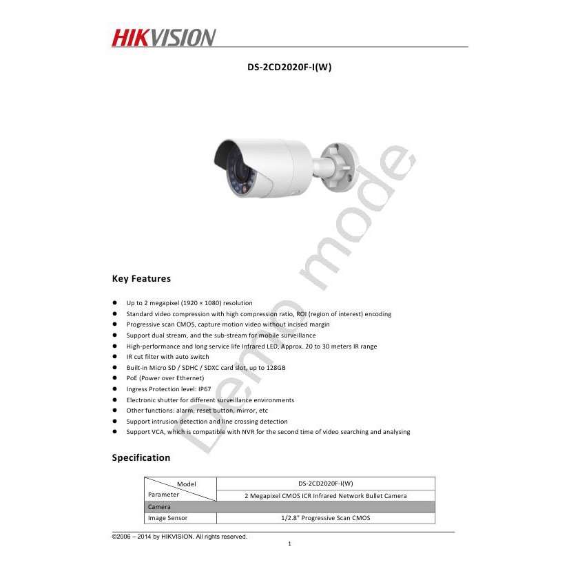 DS-2CD2020F  Hikvision IP Camera 2 Mp/PoE กล้องวงจรปิด ไม่รวม Adapter