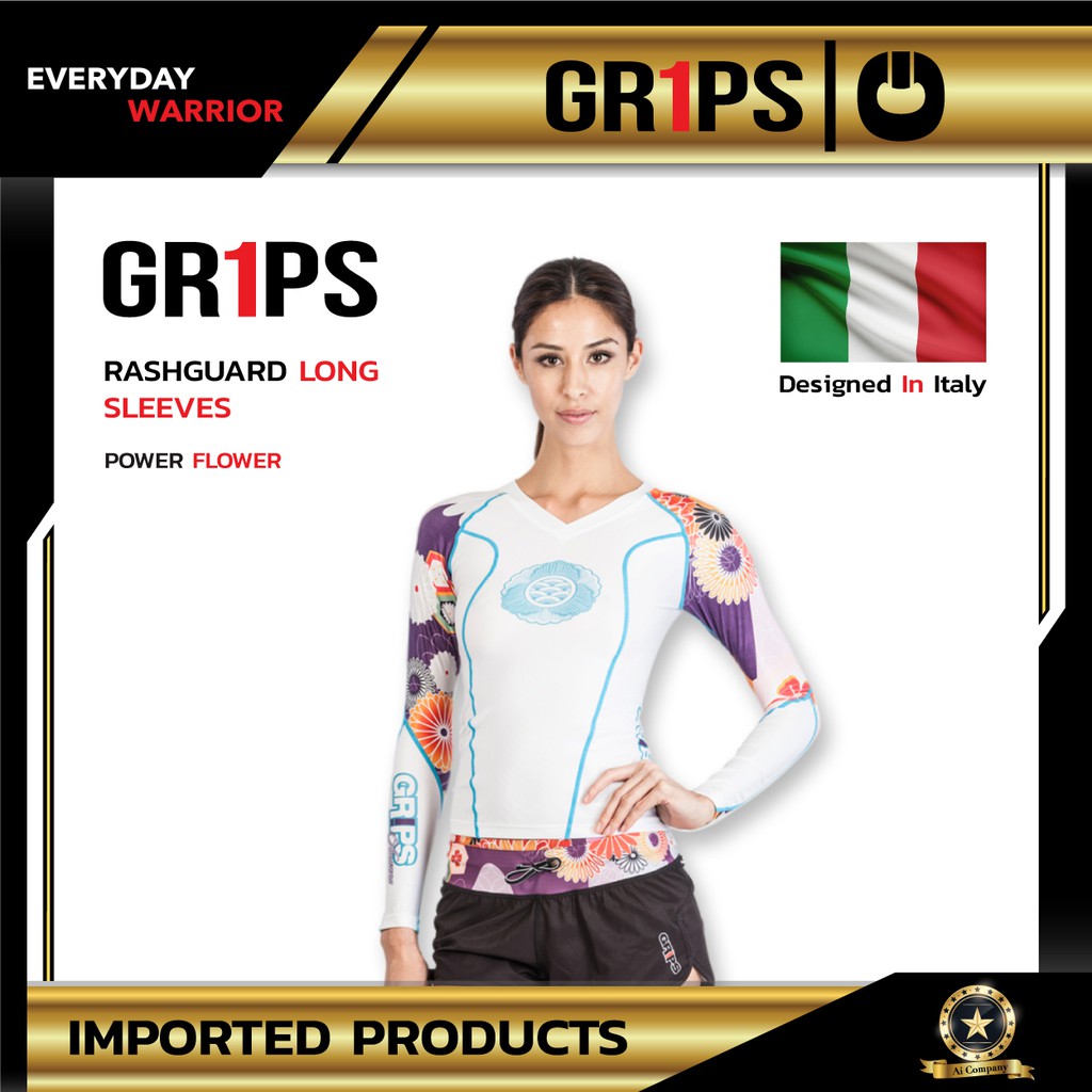 เสื้อแขนยาวออกกำลังกาย สำหรับผู้หญิง GR1PS LADIES RASHGUARD LONG SLEEVES POWER FLOWER สีขาว GR1PS