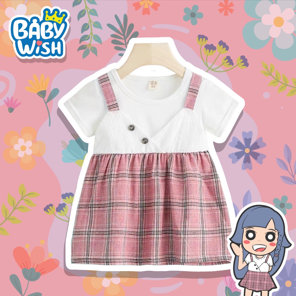 Baby Wish เสื้อผ้าเด็กชุดกระโปรงลายจุดสายเอี๋ยม พร้อม แขนสั้น แขนยาว 80-110cm