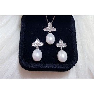 Set มุกแท้น้ำจืด (Freshwater Pearl) สร้อยเงินแท้ยาว18นิ้ว