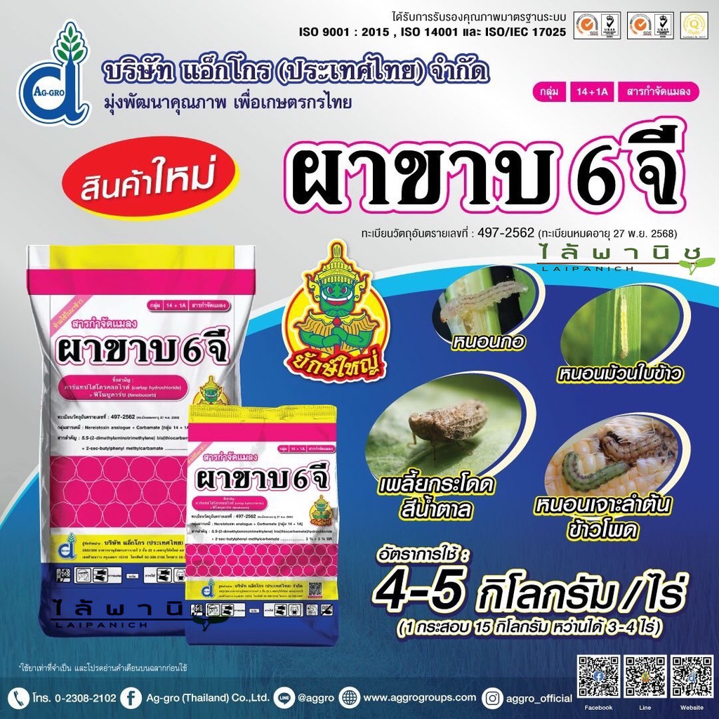 ฟูราดานรุ่นใหม่ ชื่อผาขาบ 6 จี 15 Kg.ป้องกัน กิ้งกือ ตะขาบ แมลงมีพิษทั้งหนอง และเพลี้ย ได้ผลดี